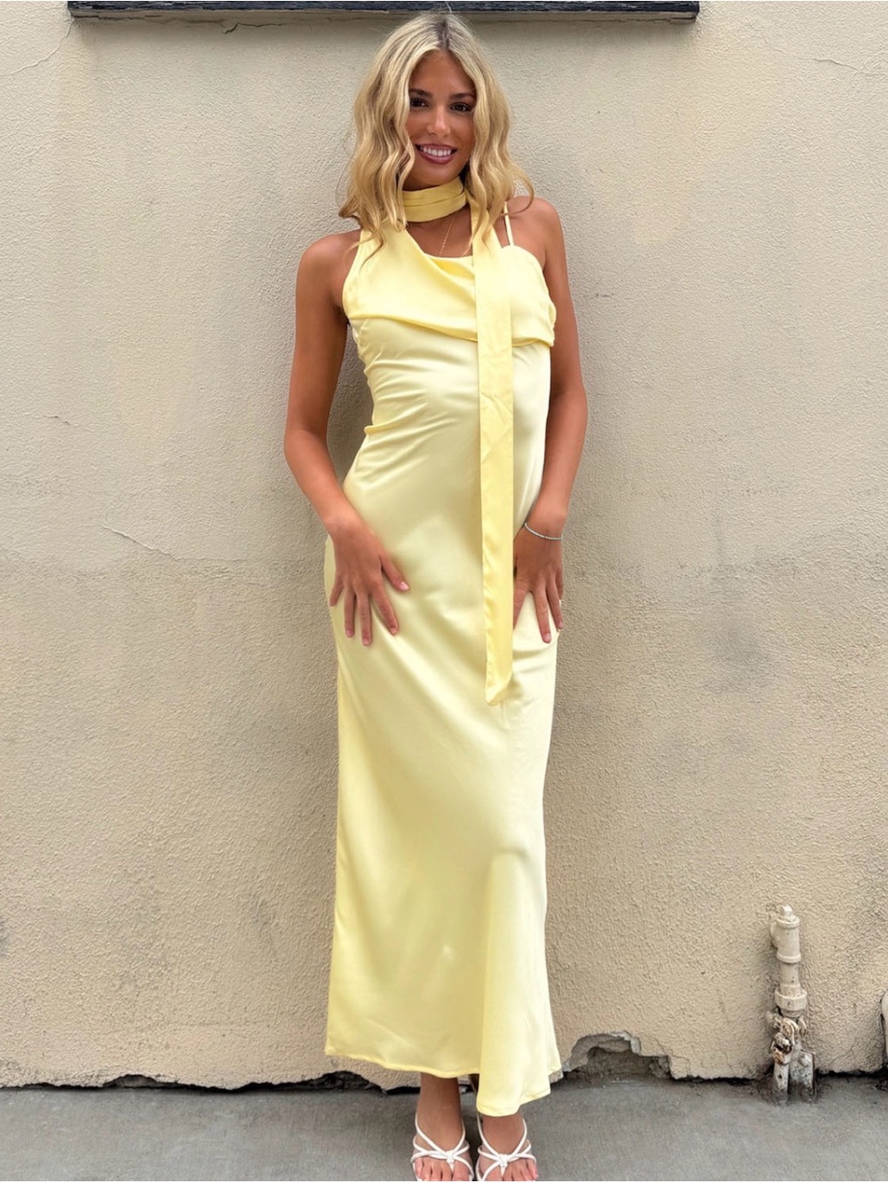 Sunshine Satin Halter Maxi Dress with Neck Tie